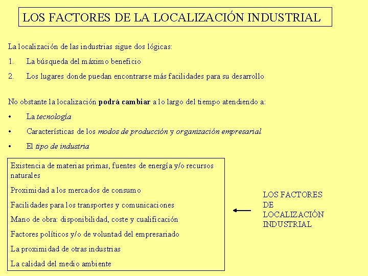 LOS FACTORES DE LA LOCALIZACIÓN INDUSTRIAL La localización de las industrias sigue dos lógicas: