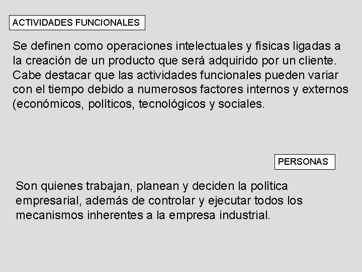 ACTIVIDADES FUNCIONALES Se definen como operaciones intelectuales y físicas ligadas a la creación de