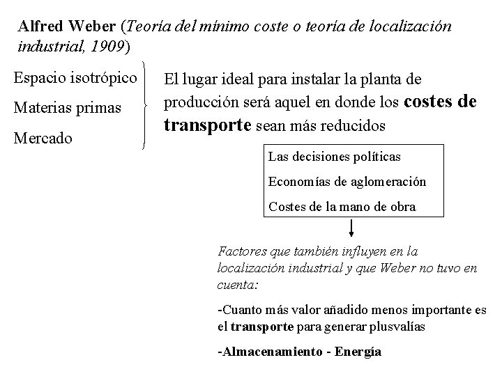 Alfred Weber (Teoría del mínimo coste o teoría de localización industrial, 1909) Espacio isotrópico