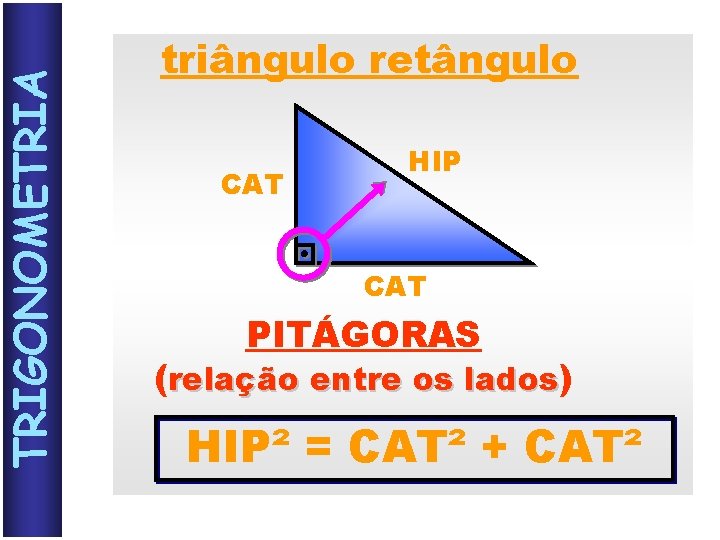 TRIGONOMETRIA triângulo retângulo CAT HIP CAT PITÁGORAS (relação entre os lados) HIP² = CAT²