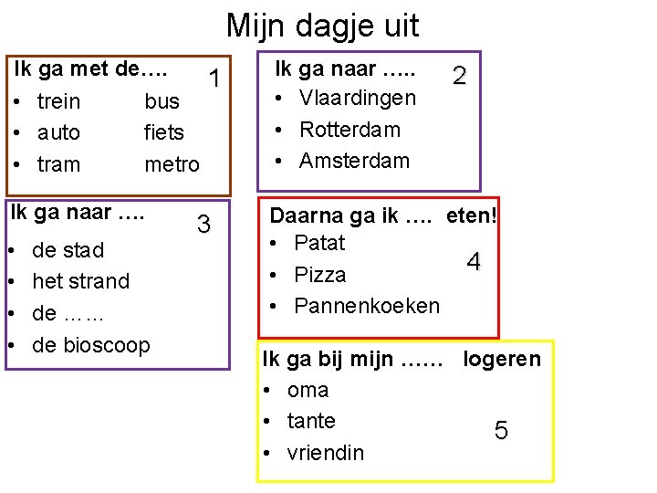 Mijn dagje uit Ik ga met de…. 1 • trein bus • auto fiets