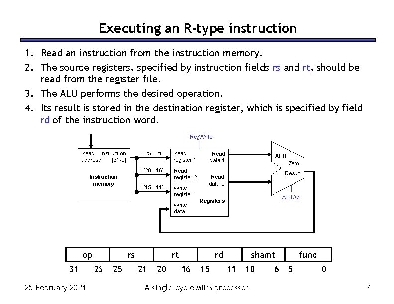 Executing an R-type instruction 1. Read an instruction from the instruction memory. 2. The