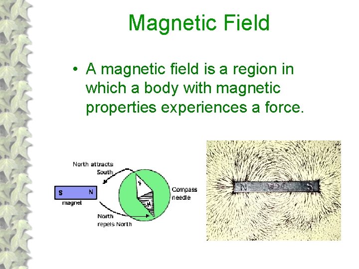 Magnetic Field • A magnetic field is a region in which a body with