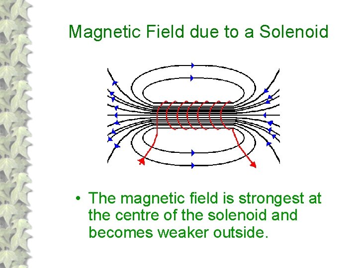 Magnetic Field due to a Solenoid • The magnetic field is strongest at the