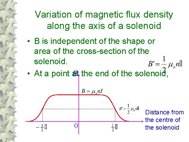 Variation of magnetic flux density along the axis of a solenoid • B is