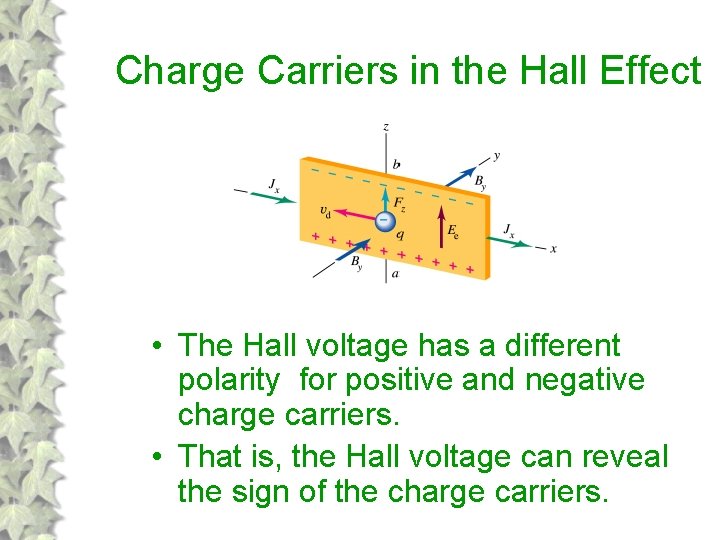 Charge Carriers in the Hall Effect • The Hall voltage has a different polarity