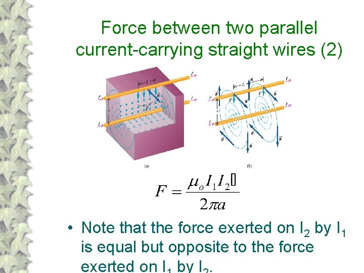 Force between two parallel current-carrying straight wires (2) • Note that the force exerted