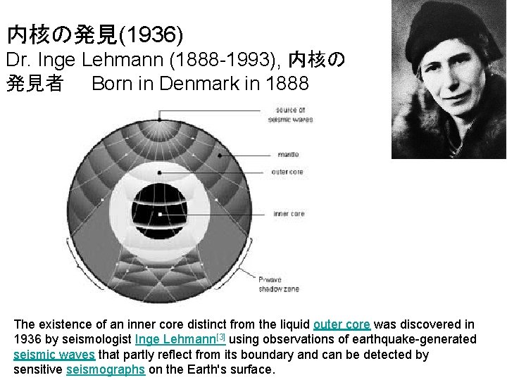 内核の発見(1936) Dr. Inge Lehmann (1888 -1993), 内核の 発見者　　Born in Denmark in 1888 The existence