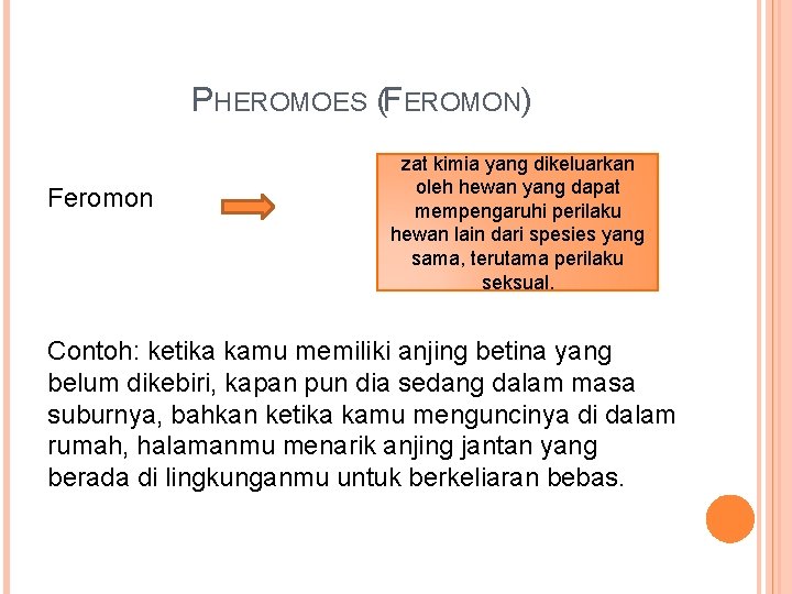 PHEROMOES (FEROMON) Feromon zat kimia yang dikeluarkan oleh hewan yang dapat mempengaruhi perilaku hewan PHEROMOES (FEROMON) Feromon zat kimia yang dikeluarkan oleh hewan yang dapat mempengaruhi perilaku hewan