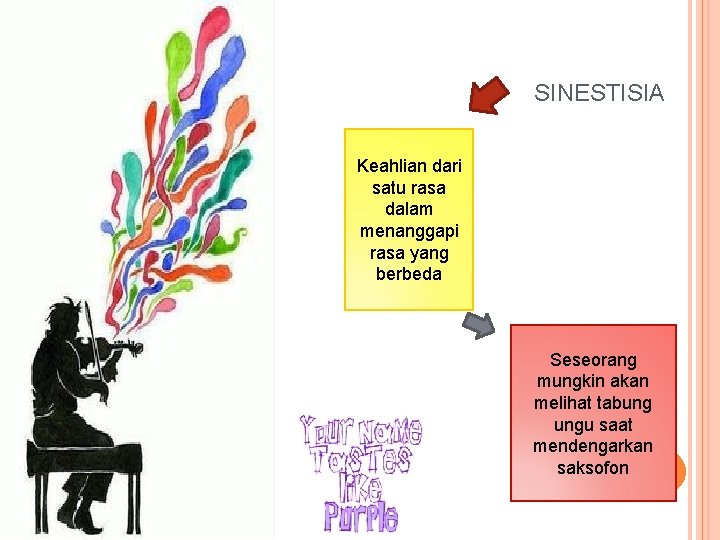 SINESTISIA Keahlian dari satu rasa dalam menanggapi rasa yang berbeda Seseorang mungkin akan melihat SINESTISIA Keahlian dari satu rasa dalam menanggapi rasa yang berbeda Seseorang mungkin akan melihat