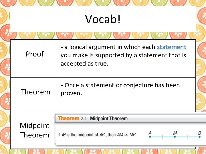 Vocab! Proof - a logical argument in which each statement you make is supported