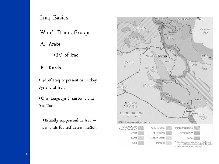 Iraq Basics Who? Ethnic Groups A. Arabs • 2/3 of Iraq B. Kurds •