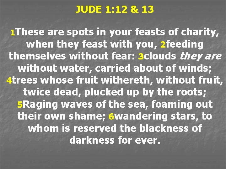 JUDE 1: 12 & 13 1 These are spots in your feasts of charity,