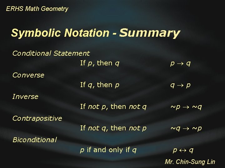 ERHS Math Geometry Symbolic Notation - Summary Conditional Statement If p, then q p