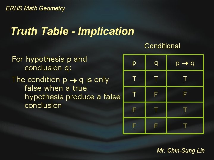 ERHS Math Geometry Truth Table - Implication Conditional For hypothesis p and conclusion q: