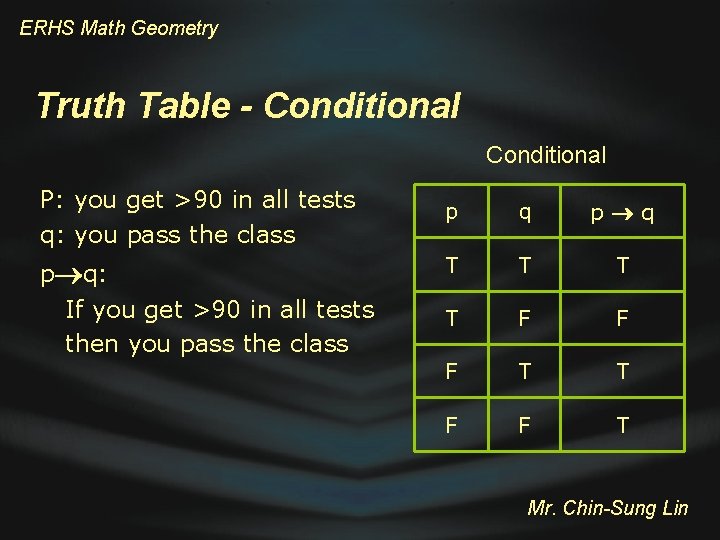 ERHS Math Geometry Truth Table - Conditional P: you get >90 in all tests