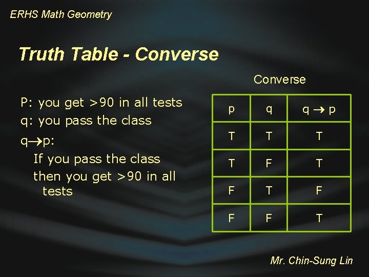 ERHS Math Geometry Truth Table - Converse P: you get >90 in all tests