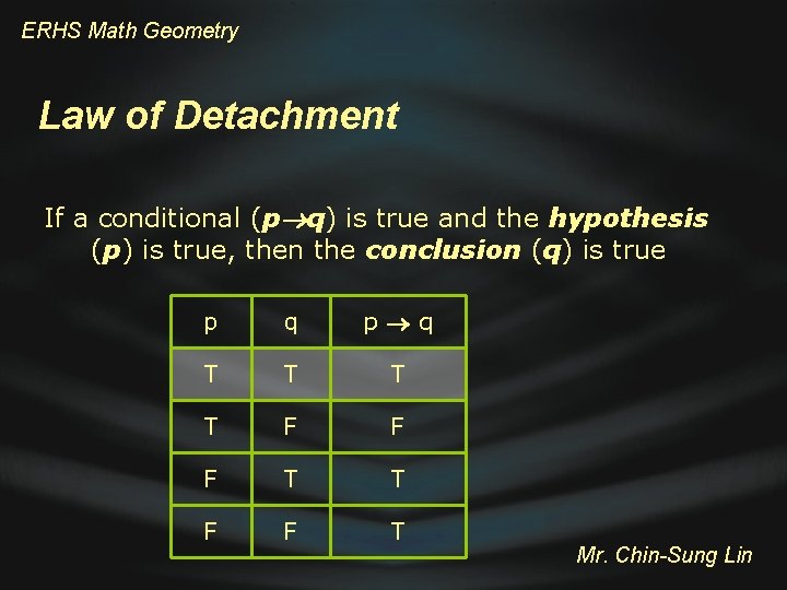 ERHS Math Geometry Law of Detachment If a conditional (p q) is true and