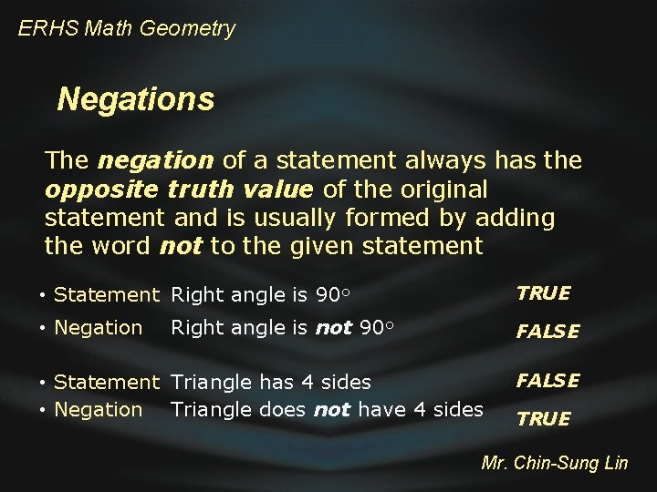 ERHS Math Geometry Negations The negation of a statement always has the opposite truth