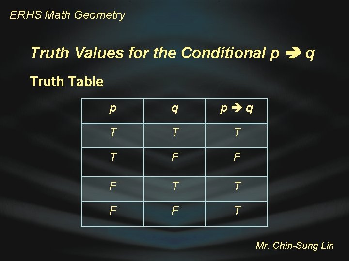 ERHS Math Geometry Truth Values for the Conditional p q Truth Table p q