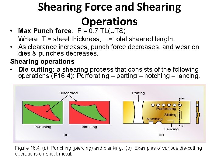 Shearing Force and Shearing Operations • Max Punch force, F = 0. 7 TL(UTS)