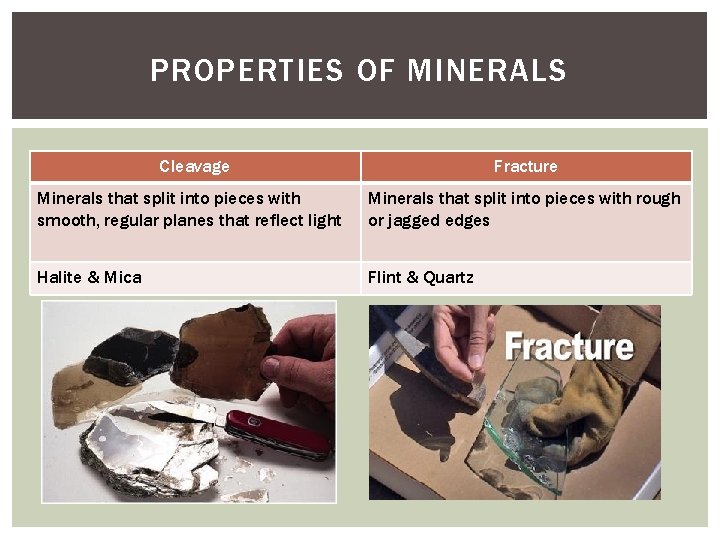 PROPERTIES OF MINERALS Cleavage Fracture Minerals that split into pieces with smooth, regular planes