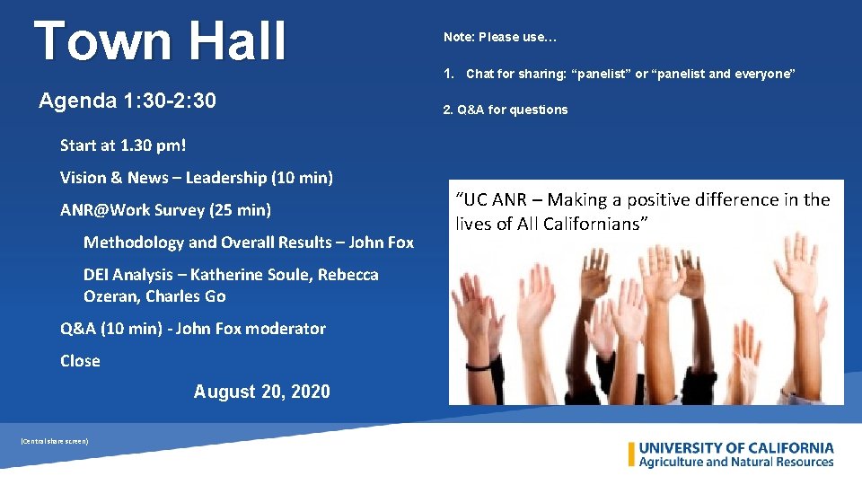 Town Hall Agenda 1: 30 -2: 30 Note: Please use… 1. Chat for sharing: