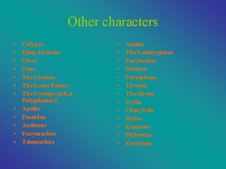 Other characters • • • Calypso King Alcinous Circe Zeus The Cicones The Lotus