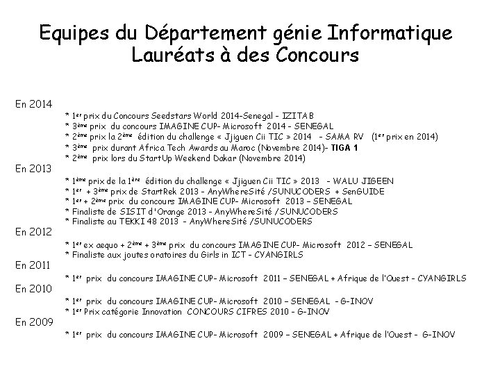 Equipes du Département génie Informatique Lauréats à des Concours En 2014 En 2013 En