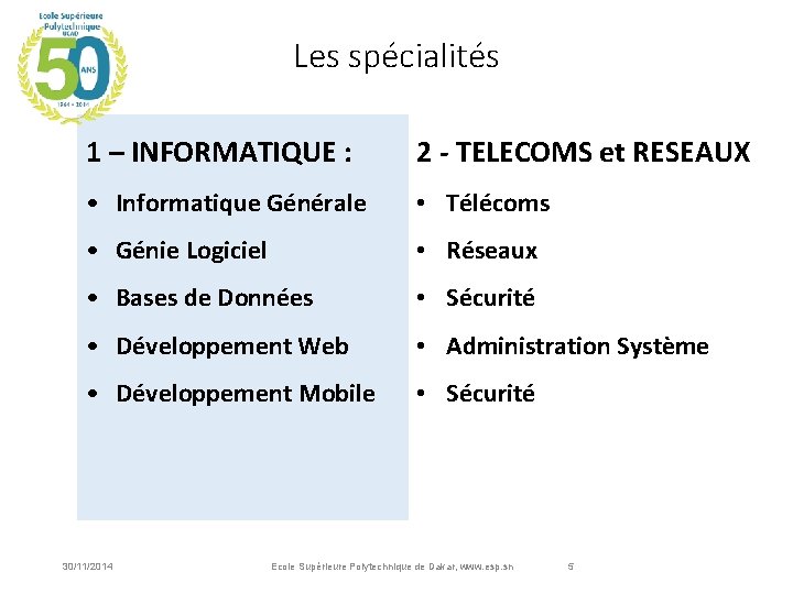 Les spécialités 1 – INFORMATIQUE : 2 - TELECOMS et RESEAUX • Informatique Générale