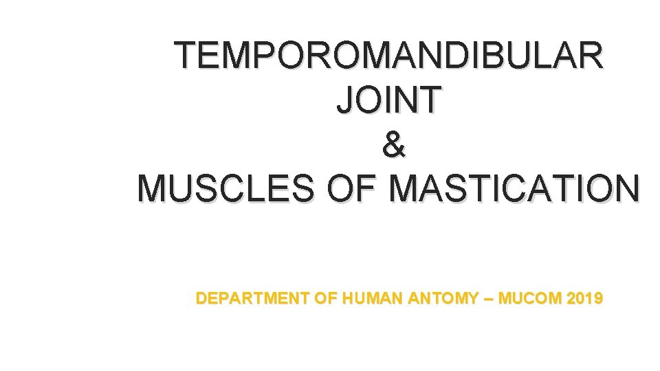 TEMPOROMANDIBULAR JOINT & MUSCLES OF MASTICATION DEPARTMENT OF HUMAN ANTOMY – MUCOM 2019 