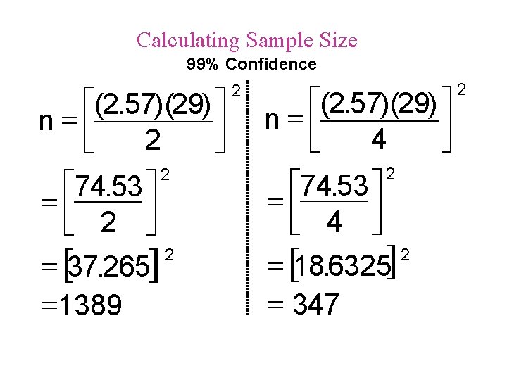 Calculating Sample Size 99% Confidence é ù ( 2. 57 )( 29 ) n=ê