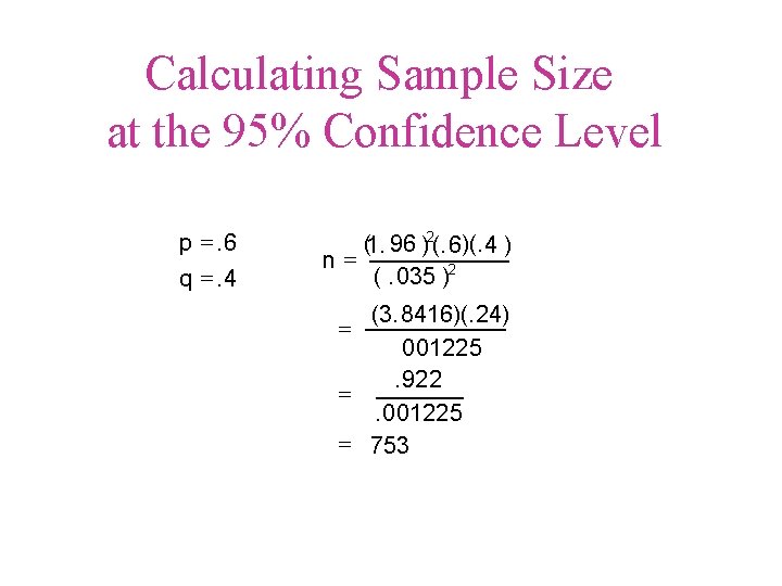 Calculating Sample Size at the 95% Confidence Level p =. 6 q =. 4