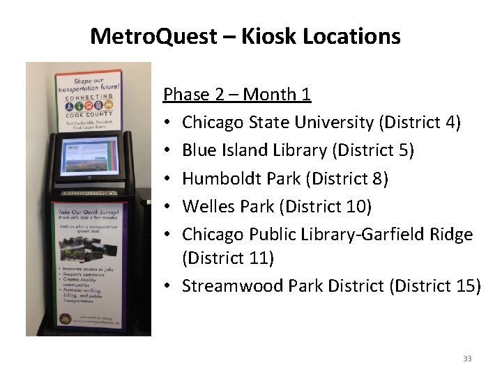 Metro. Quest – Kiosk Locations Phase 2 – Month 1 • Chicago State University