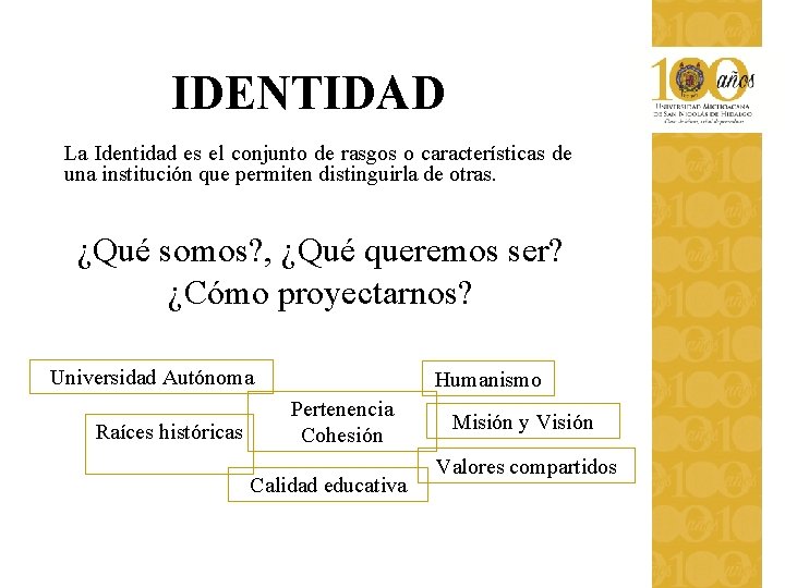 IDENTIDAD La Identidad es el conjunto de rasgos o características de una institución que IDENTIDAD La Identidad es el conjunto de rasgos o características de una institución que