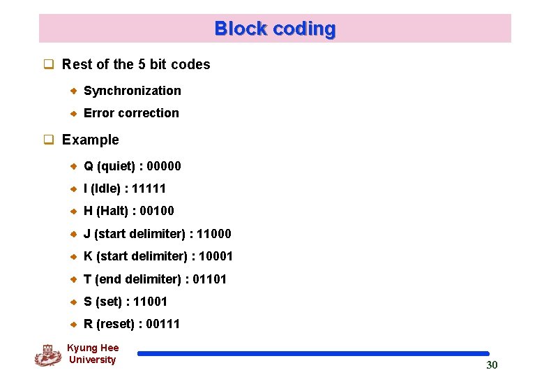 Block coding q Rest of the 5 bit codes Synchronization Error correction q Example