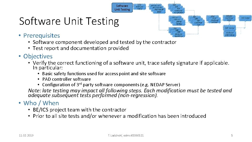Software Unit Testing • Prerequisites • Software component developed and tested by the contractor
