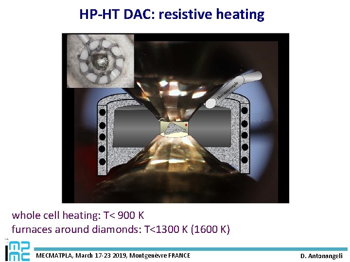 HP-HT DAC: resistive heating whole cell heating: T< 900 K furnaces around diamonds: T<1300