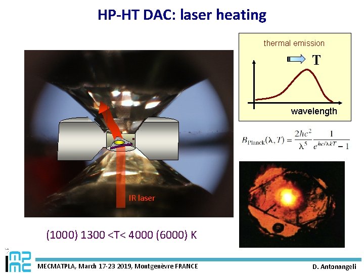 HP-HT DAC: laser heating thermal emission T wavelength IR laser (1000) 1300 <T< 4000