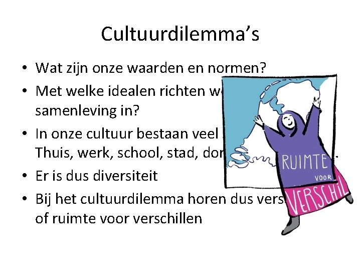 Cultuurdilemma’s • Wat zijn onze waarden en normen? • Met welke idealen richten we Cultuurdilemma’s • Wat zijn onze waarden en normen? • Met welke idealen richten we
