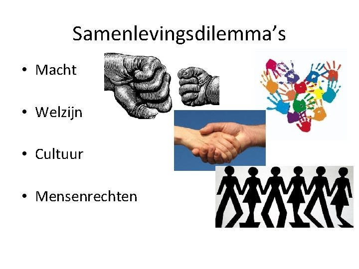 Samenlevingsdilemma’s • Macht • Welzijn • Cultuur • Mensenrechten Samenlevingsdilemma’s • Macht • Welzijn • Cultuur • Mensenrechten