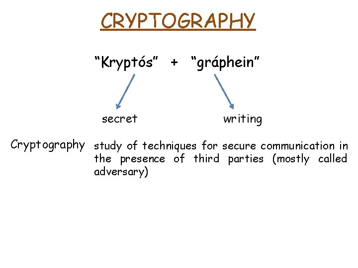 CRYPTOGRAPHY “Kryptós” + “gráphein” secret writing Cryptography study of techniques for secure communication in