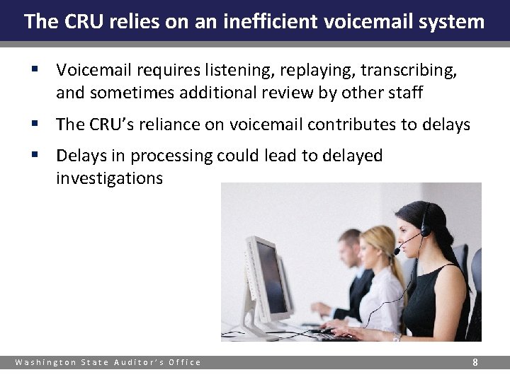 The CRU relies on an inefficient voicemail system § Voicemail requires listening, replaying, transcribing,