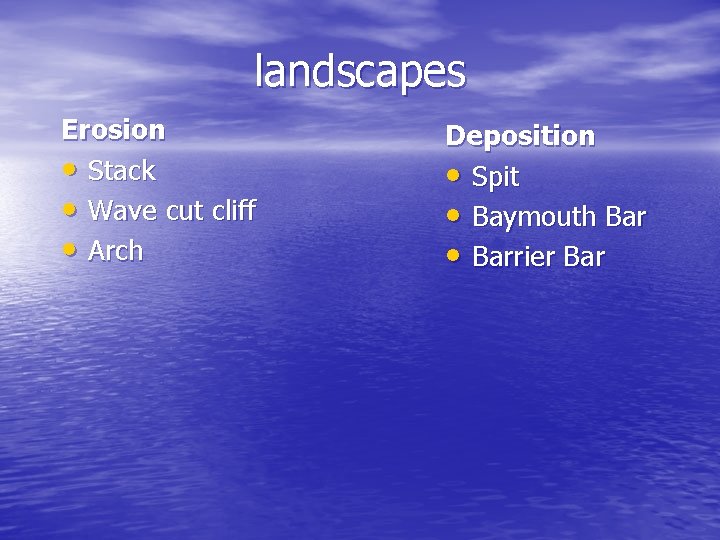 landscapes Erosion • Stack • Wave cut cliff • Arch Deposition • Spit •
