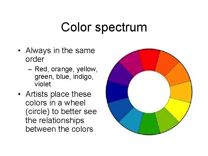 Color spectrum • Always in the same order – Red, orange, yellow, green, blue,