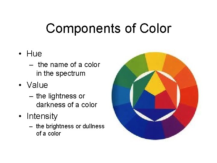 Components of Color • Hue – the name of a color in the spectrum