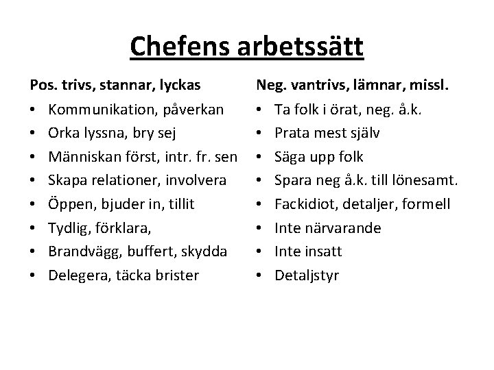 Chefens arbetssätt Pos. trivs, stannar, lyckas • • Kommunikation, påverkan Orka lyssna, bry sej