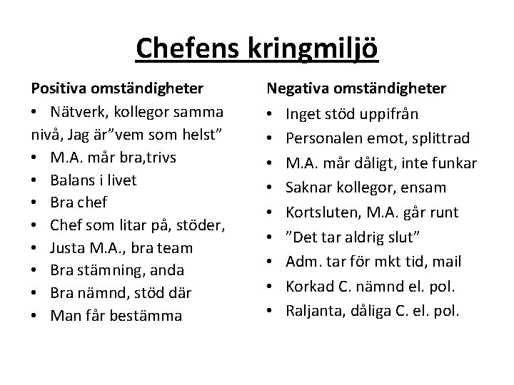 Chefens kringmiljö Positiva omständigheter • Nätverk, kollegor samma nivå, Jag är”vem som helst” •