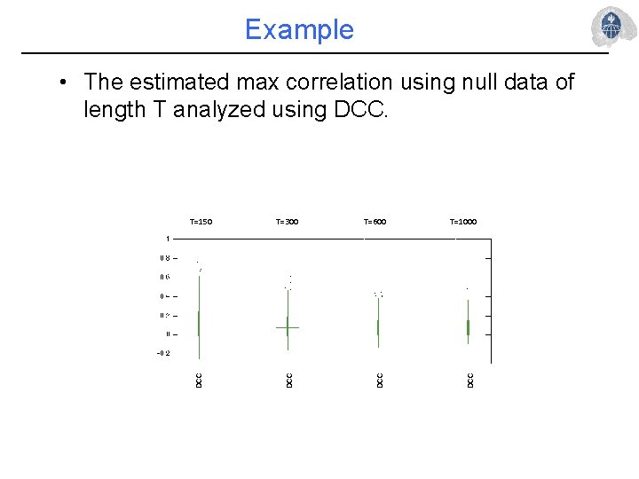 Example T=600 T=1000 DCC T=300 DCC T=150 DCC • The estimated max correlation using
