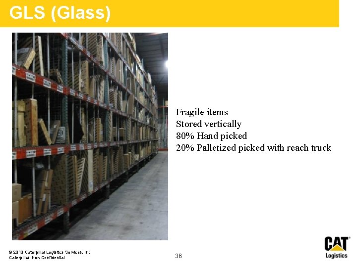 GLS (Glass) Fragile items Stored vertically 80% Hand picked 20% Palletized picked with reach GLS (Glass) Fragile items Stored vertically 80% Hand picked 20% Palletized picked with reach
